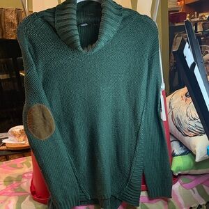 Alya Green Cowl Neck Sweater with Brown Elbow Patch